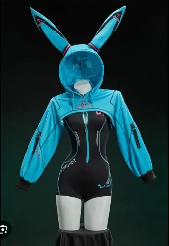 Vocal Derivative Sexy Cosplay Cyber Style Tight Sportswear Bodysuit with Hooded Short Jacket and Headdress