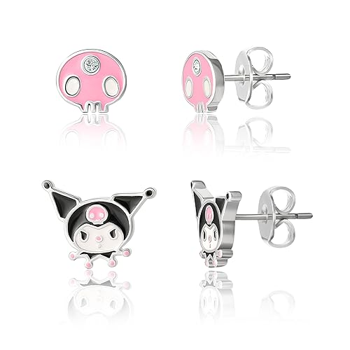 Sanrio Hello Kitty Stud Earrings for Women Official License 2-Pair Pack, Silver Flash-Plated and Crystal Hello Kitty Earrings - Kuromi
