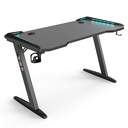Hironpal Gaming Desk with Multiple Led Lights, Computer Gamer Table Workstation for Home Office Desk with Carbon Fibre Surface, Cup Holder and Headphone Hook, for Home Soho 114 x 60 x 72 cm (Black) - Black Z-shaped Leg