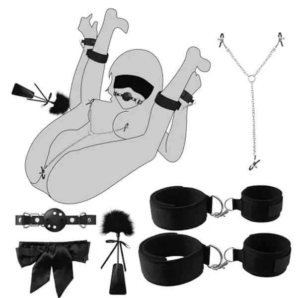 BDSM Bondage Restraints Set, 5 Pcs Bed SM Kit with Wrist & Thigh Cuffs, Breathable Ball Gag, Feather Tickler Whip, Nipple Clitoral Clips, Adult Sex Toys Bondage Gear & Accessories for Women Couples - Wrist & Thigh Cuffs