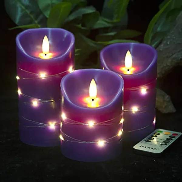 Purple Flameless Candle, Built-in Star String, 3 LED Candles, 10 Button Remote Control, 24 Hours Timer Function, Dancing Flame, Real Wax, Battery Powered. (Purple)