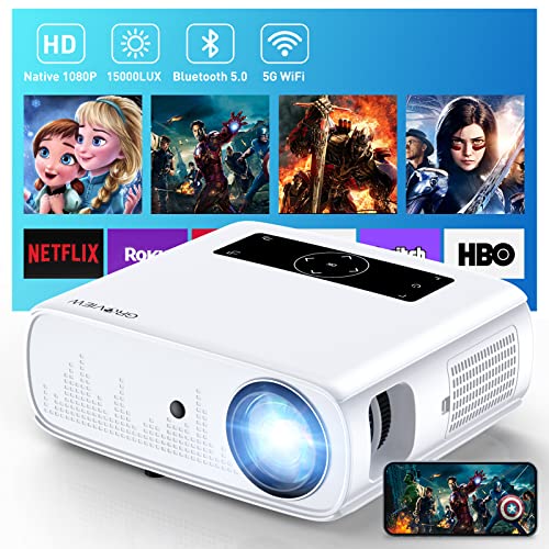GROVIEW Projector, 15000lux 490ANSI Native 1080P WiFi Bluetooth Projector, 300'' Video Projector, Supports 4K & Zoom, 5G Sync, Compatible with HDMI USB/ AV/ Smartphone/ Pad/ Laptop/ DVD/ TV Stick/ PS5 - 15000 LUX