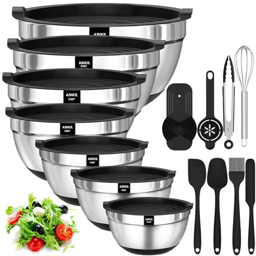 AIKKIL Mixing Bowls with Airtight Lids, 20 piece Stainless Steel Metal Nesting Bowls, Non-Slip Silicone Bottom, Size 7, 3.5, 2.5, 2.0,1.5, 1,0.67QT Great for Mixing, Baking, Serving (Black) - Black