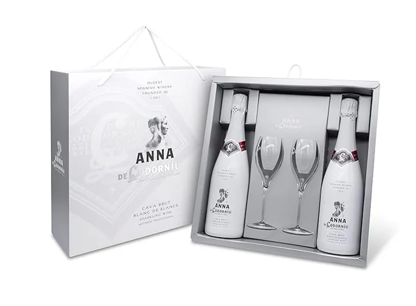 ANNA DE CODORNIU, Blanc de Blancs - Cava Brut, Estuche 2 copas y 2 botellas 0.75 L - Estuche Anna Bdb 2bot. 75 cl + 2 copas