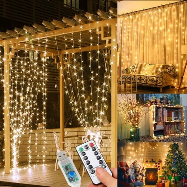 WEARXI Lichtervorhang 3×3m 300 LEDs Lichterkette Lichtvorhang, 8 Modi LED Vorhang Lichterketten für Innen Deko, Zimmer Deko, Partydekoration, Weihnachtsdeko, Outdoor Deko(Warmweiß)