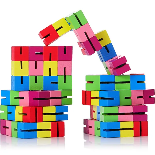 9 Pieces Twist and Lock Blocks Mini Fidget Puzzles Wooden Flexible Puzzles Stretchable Fidget Puzzles for Fidget or Party Favours