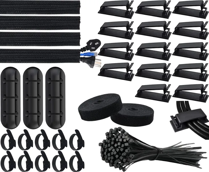 SOULWIT Cable Management Kit, 4 Cable Sleeve, 3 Silicone Cable Holder, 10+2 Roll Cable Organiser Straps, 15 Large Cord Clips and 100 Wire Organizer Ties for TV PC Under Desk Office