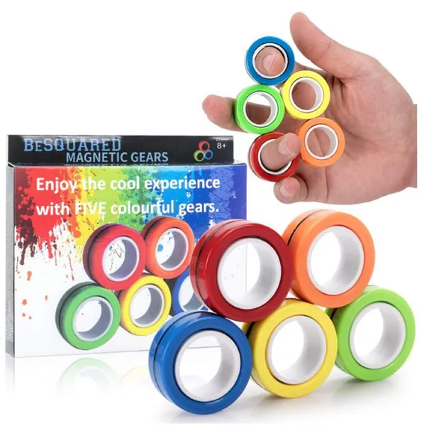 BeSquared De-Stress and Anxiety Pack of 5 Magnetic Gears - Sensory Toy for Adults and Children - Perfect for STEM and Fidget + RoHS Compliant (5 Magnetic Rings)
