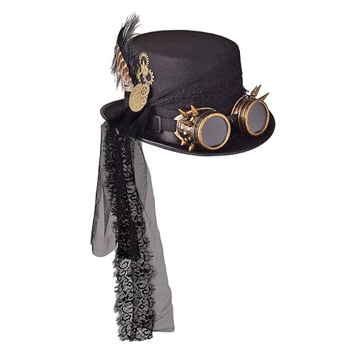 COSDREAMER Unisex Steampunk Top Hats Halloween Costume Hat with Goggles Black - Black 1 - L