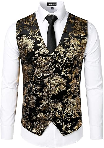 PARKLEES Mens Luxury Metallic Paisley Gold Printed Waistcoat Shiny Wedding Prom Party Vest for Suit or Tuxedo - L - Gold
