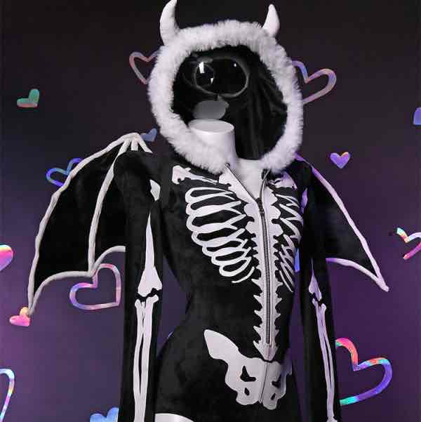 Bone To Be Wild Gothic Skeleton Bodysuit Black Skull Lingerie Zipper hooded Romper and Wings with Thigh Stockings and Garters