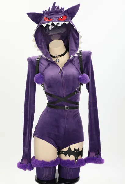 PM Derivative Homewear Sexy Lingerie Bodysuit Purple Hooded Bodycon Romper and Tail with Choker Belt