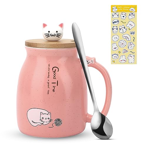 LOMUG Katzen Tasse, 450ML Süße Keramik Teetasse mit Deckel und Edelstahl Löffel Kaffeetasse Cute Cat Mug Kawaii Katze Becher Lustige Katzentasse Geschenk Cup für Frauen Mädchen Katzenliebhaber - Rosa
