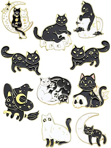 10 Pieces Cat Pins Cute Brooch Pin Set Kawaii Backpack Pin Black Cat Book Brooch Gothic Aesthetic Buttons for Backpacks Clothing Bags Lapel Jackets for Women Men DIY Presents