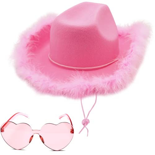4E's Novelty Cowboy Hat with feathers With Heart Shaped Sunglasses for Women, Felt Cowgirl Hat for Party Costume Dress Up - Pink