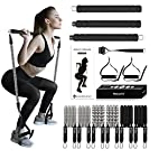 Pilates Bar Kit with Resistance Bands, WeluvFit Exercise Fitness Equipment for Women & Men, Home Gym Workouts Stainless Steel Stick Squat Yoga Pilates Flexbands Kit for Full Body Shaping