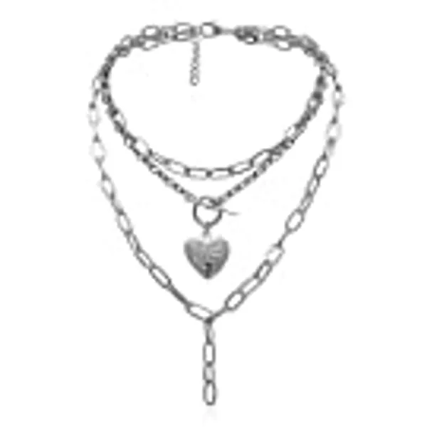 Ingemark Statement Cool Punk Chunky Chain Toggle Necklace for Women Girls Heart Shaped Photo Locket Pendant Layered Heart Locket Necklace (Style 3 Silver)