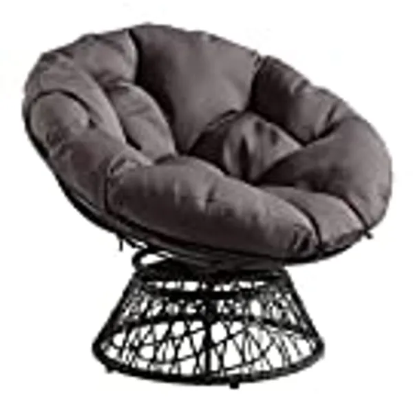 OSP Home Furnishings Wicker Papasan Chair with 360-Degree Swivel, 40” W x 36” D x 35.25” H, Grey Frame with Grey Cushion