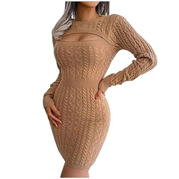 Yihaojia Womens Midi Dresses Bodycon Sweater Fashion V Neck Slim Waist Sweater Dress Cable Knit Chunky Pullover Jumper Top