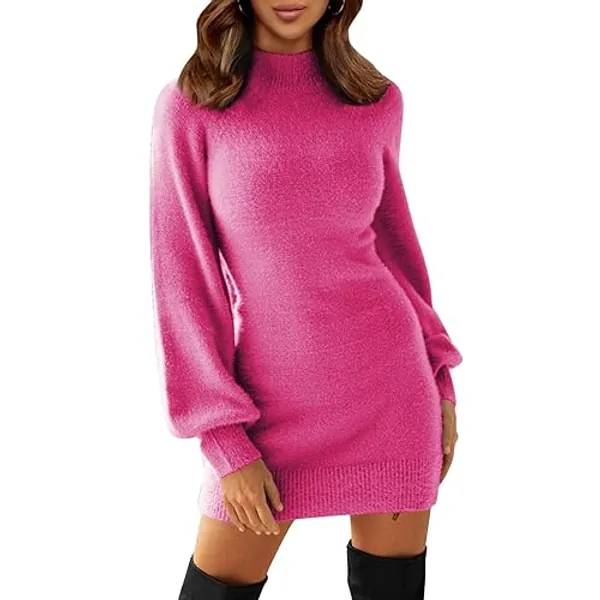 EXLURA Women's Mock Neck Ribbed Long Sleeve Bodycon Pullover Cute Mini Sweater Dress