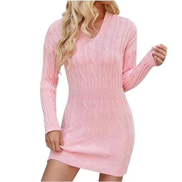 Yihaojia Womens Midi Dresses Bodycon Sweater Fashion V Neck Slim Waist Sweater Dress Cable Knit Chunky Pullover Jumper Top