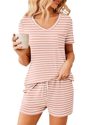 Ekouaer Womens Pajama Sets Short Sleeve Pajamas for Women Sets Soft Lounge Sets Casual V Neck Sleepwear PJS - Pink and White Stripes - Medium
