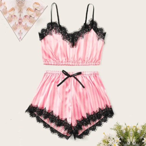 Lace Satin Silk Pajamas Set - M / Pink Black