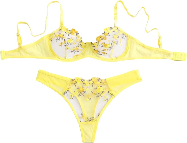 WDIRARA Women's Floral Embroidery Underwire Lingerie Set Mesh Bra and Panty Set - Medium Yellow