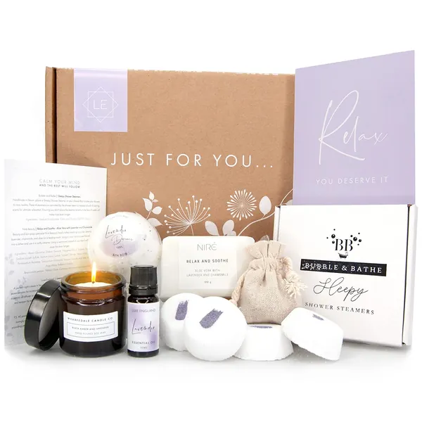 SLEEP & RELAX Pamper Hampers for Women - Handmade, Sustainable Relaxation Gifts for Women: Candle, Soap, Essential Oil, Bath Bomb, Shower Steamers and Lavender by Luxe England