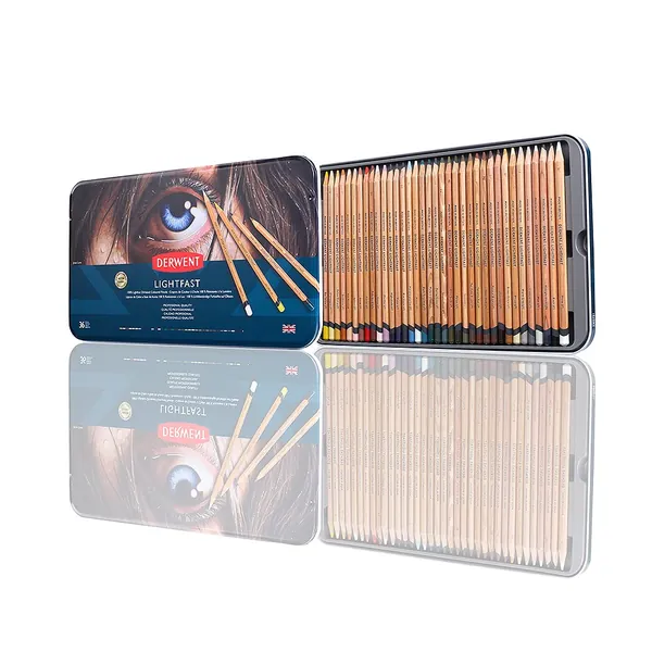 Derwent Lightfast Pencils Set Of 36 In Tin, 4mm Round Core, Premium Core Strength, Creamy Texture, Ideal For Fine Art Drawing & Colouring, Professional Quality, Set of 36, 2302721