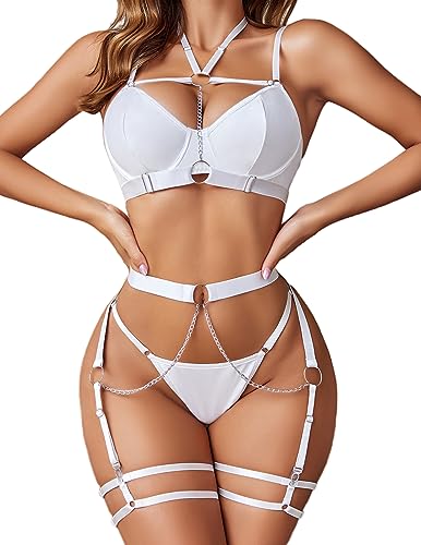 amazon.com Avidlove Lingerie Set for Women Sexy Strappy 5 Piece Lingerie Garter with Underwire Push Up Bra and Chain - Medium - White