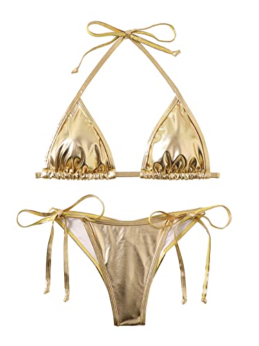 Balasami Women's Liquid Metallic Rainbow Bikini Sets Shiny String Padded Triangle 2 Pieces Swimsuit Set - Metallic Gold - Medium