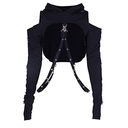 TOMETO STAR Women Gothic Punk Hoodies Bandage Crop Tops Long Sleeve Pullover Sweatshirt for Rave Festivals Streetwear - Large - Black 3