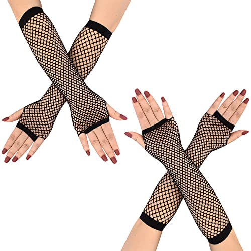 Gatielzana 2 Pairs Fishnet Gloves Women's Mesh Fingerless Gloves for 80s Costume Theme Party, Black, Long