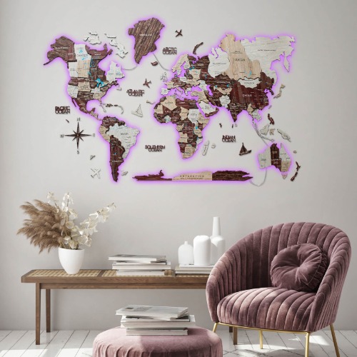 3D LED / LUMINOUS Wooden World Map 3.0 Cappuccino - L (35"x 59") / Prime+(+mountains&rivers) / Italian