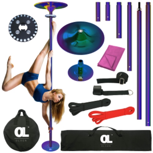OLVON Dance Pole for Home | 7.3-10.7ft Portable Dance Pole Kit for Exercises | Spinning and Static Dancing Pole | Includes Light, Microfiber Towel, Leg Stretcher Strap, Carry Bag, Resistance Bands