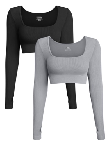 OQQ Women's 2 Piece Crop Top Ribbed Seamless Workout Exercise Long Sleeve Crop Tops - Black,grey Medium