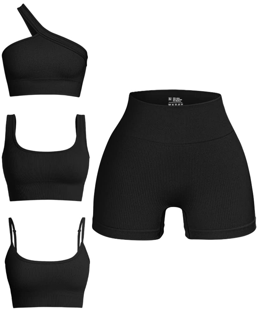OQQ Women's 4 Piece Outfits Ribbed Seamless Exercise Scoop Neck Sports Bra One Shoulder Tops High Waist Shorts Active Set - Black Medium