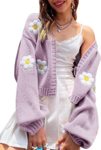 Womens Y2K Cardigan Sweaters Long Sleeve Open Front Cropped Flower Knit Cardigan Aesthetic 90s Shrug Back to College Outfits - Lilac Purple Large
