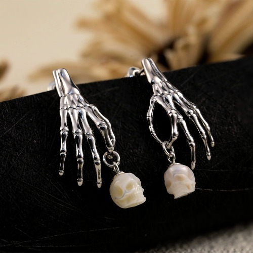Skeleton Hand Pearl Skull Dangle Earrings