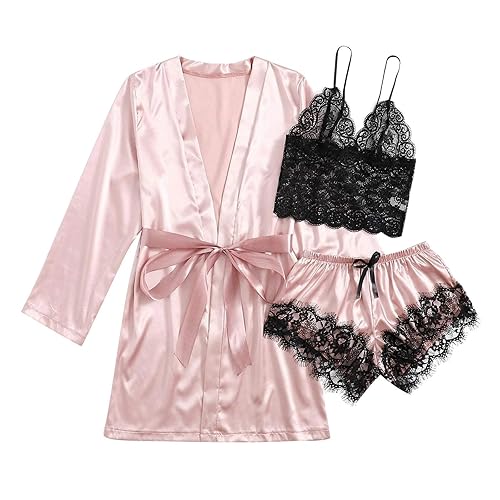 AMhomely Pyjama Set Women Girls Ladies Nightwear Silk Satin Pajamas Sleepwear Stain Lace Floral Nighties 3Pcs Robe Dressing Gown Nightdress with Chest Pad Sexy Lingerie Lace Babydoll Set - S - Pink