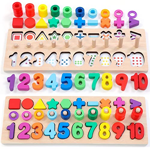 GeroCrew Wooden Montessori Toys for Kids Toddler Number Puzzles Sorter Counting Shape Stacker Stacking Game Preschool Toys for Boy Girl Learning Education Math Blocks 1 Year Old Girl Gifts (Rainbow) - Rainbow
