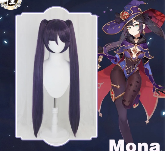Uwowo Game Genshin Impact Mona Megistus Cosplay Wig Astral Reflection 90cm Purple Twin Tail Wig