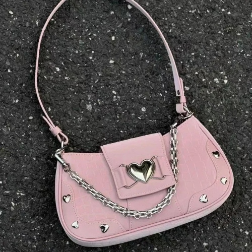 Woman's Bags Pink Single Shoulder Bag Metal Chain Heart Decoration Y2K Style Underarm Bag Loveliness Lady Fashion Handbags - Pink