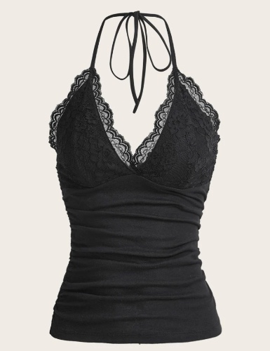 ROMWE PUNK Grunge Contrast Lace Ruched Halter Top Without Gloves | SHEIN USA