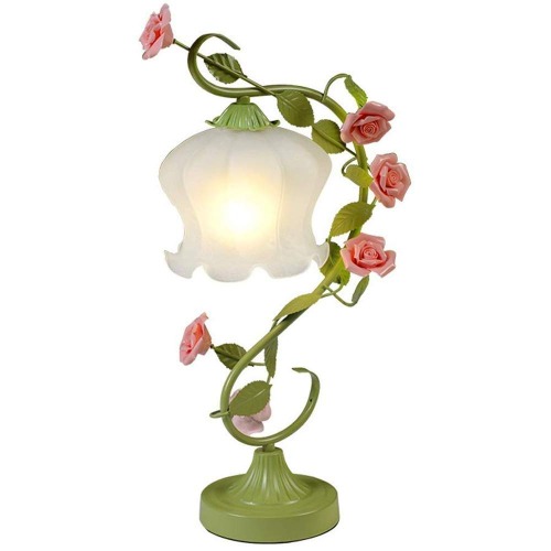 Dkdnjsk Desk Lamp Korean Style Table Lamp Delicate Ironwork Flower-Shaped Frosted Glass Lampshade |Green Metal Rattan Pink Ceramic Roses Decoration Girl Bedroom Bedside Lighting