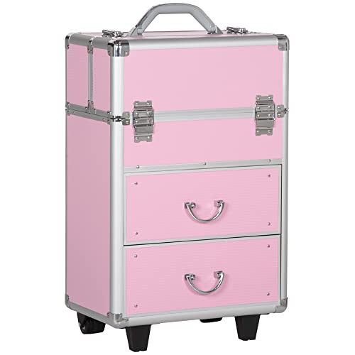 HOMCOM Rolling Makeup Train Case, Large Storage Cosmetic Trolley, Lockable Traveling Cart Trunk with Folding Trays, Swivel Wheels and Keys, Pink - Pink