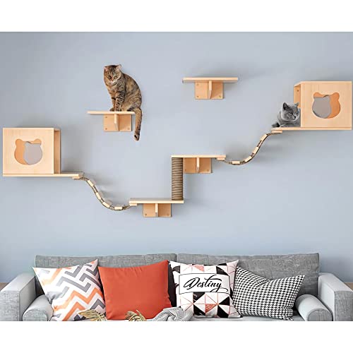 PETKABOO Cat Shelves and Perches for Wall, Cat Wall Shelves, Cat Wall Furniture, Floating Cat Wood Climb Furniture, Cat Wall Mounted with 4 Cat Shelves, 2 Cat Houses, 2 Ladders, 1 Cat Scratching Post