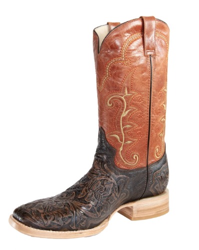 GOODVILLE RockinLeather Men's Stamped Rustic Orange Cowhide Leather, Wide Square Toe, Handmade Western Cowboy Boot - 1190 - 10