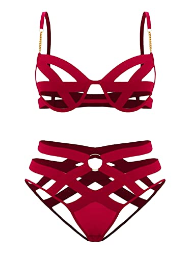 SOLY HUX Women's Plus Size Sexy Exotic Cut Out Underwire Lingerie Set 2 Piece Deep V Neck Bra and Panty - 4X-Large Plus - Solid Red